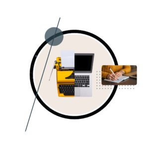 A typewriter, a laptop and a hand writing in a notebook