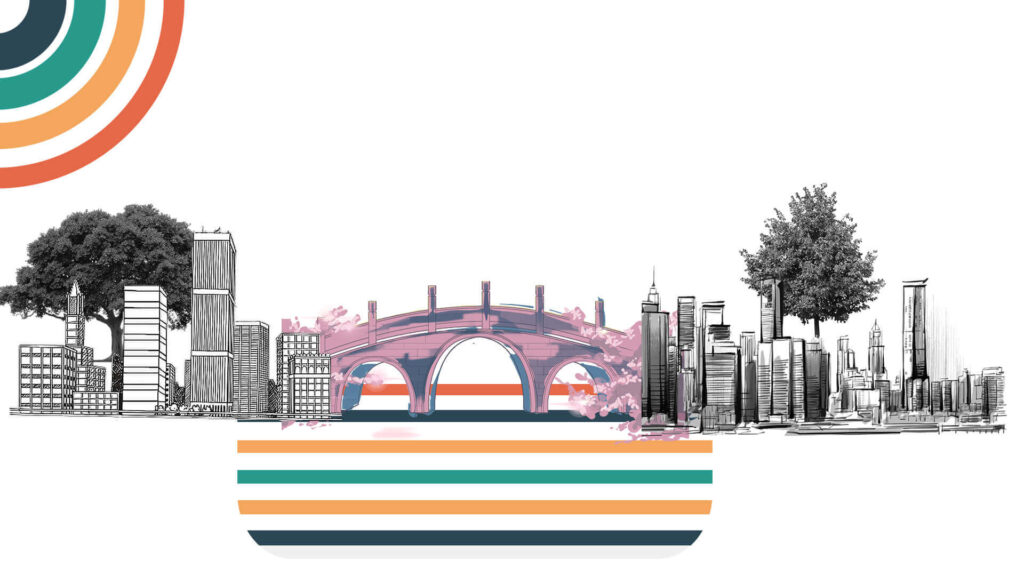 A line-drawn skyline with trees and a pink arched bridge above stacked teal and amber stripes