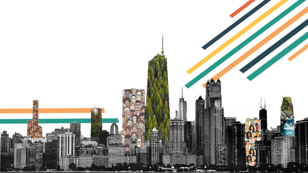 A monochrome city skyline with towers filled by colour portrait collages and teal, amber and coral beams across the sky