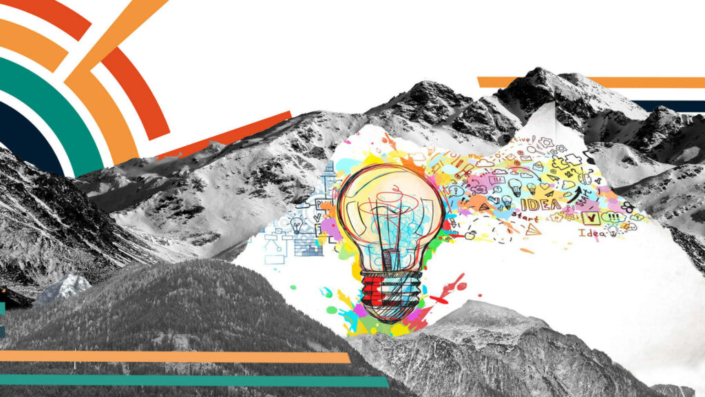 A black and white mountain range with a hand-drawn lightbulb and a burst of colour idea sketches at its centre